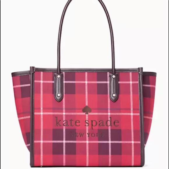 NEW Kate Spade Bright Rose Ella Plaid Tote WKR00604 $299 Red - Picture 1 of 10